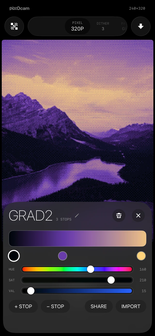 Live gradient editing on a mountain lake photograph